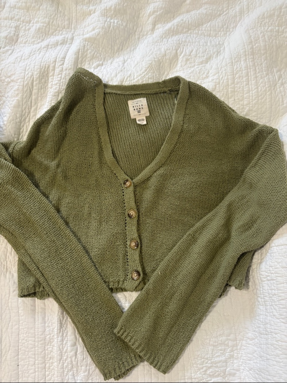 Billabong Olive Green Cropped Button-Front Cardigan